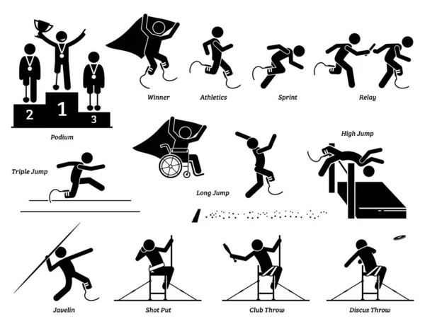 残奥会田径和田径田径残奥会为残奥会运动员树立的人物图标 残疾人竞技体育游戏的矢量符号 — 图库矢量图片