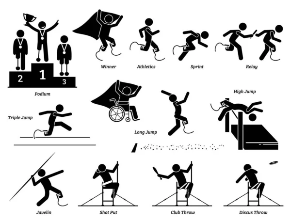 Campo Para Discapacitados Deportes Atletismo Para Discapacitados Figuras Palo Iconos — Vector de stock