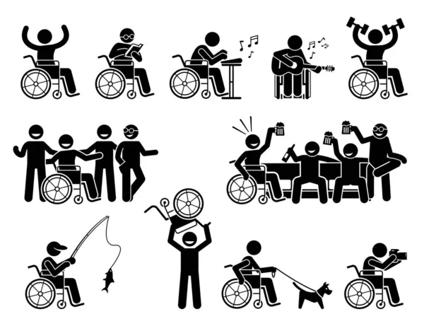 Happy Disabled Man Doing Various Activities Hobbies Leading Normal Life — Stock Vector