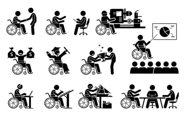 Udana Osoba Niepełnosprawna Mająca Dobrą Karierę Figurki Kija Pracy Wektorowe — Wektor stockowy