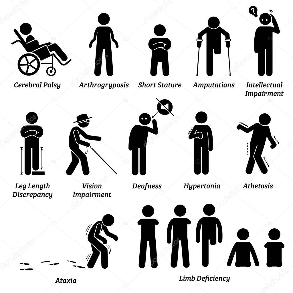 Different type of disabled and handicapped categories stick figures icons. Vector illustrations of people with physical disabilities that include body impairment, mental issue, and limb deficiency. 