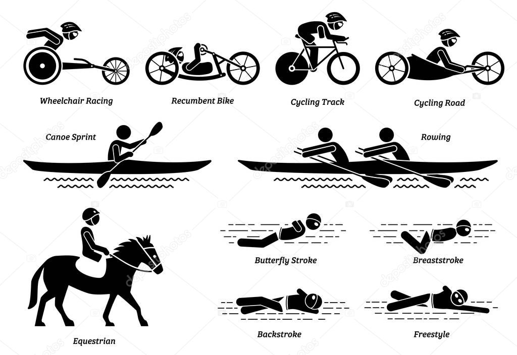 Disabled racing sports and games for handicapped athlete stick figures icons. Vector symbols of wheelchair racing, cycling, rowing, equestrian and swimming activities for people with disabilities. 