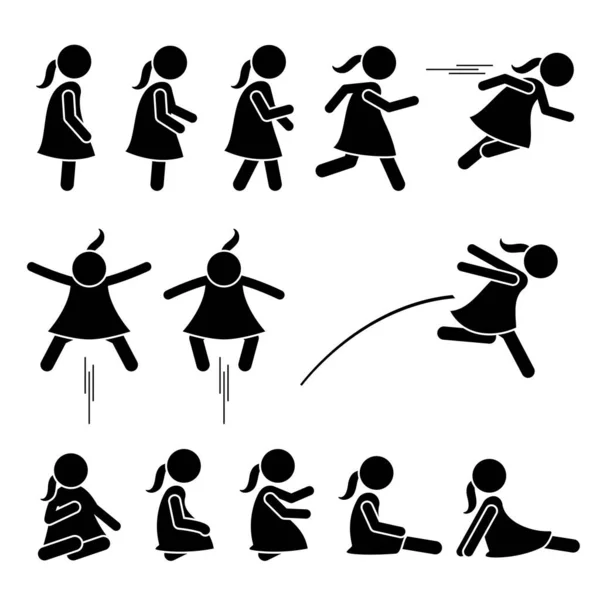 Little Girl Basic Action Poses Stick Figure Icons Vector Illustration — Stock Vector