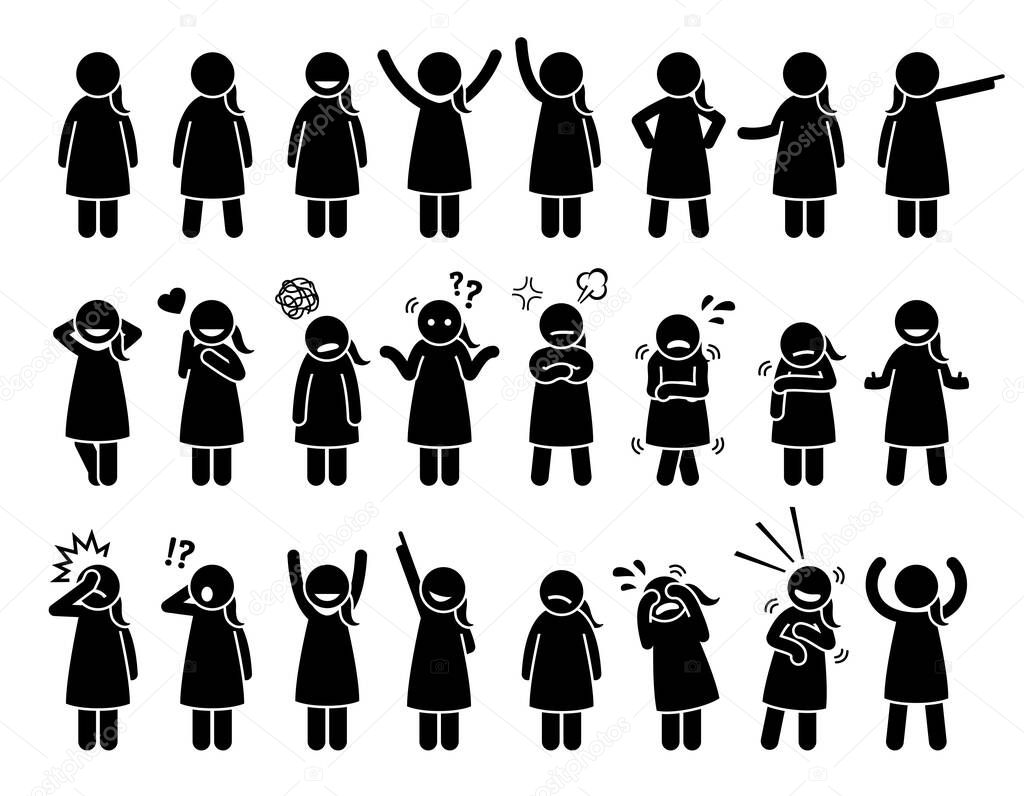 Little girl standing poses, emotions,  feelings, and actions stick figures icons. Vector illustrations of small girl with different body languages. 