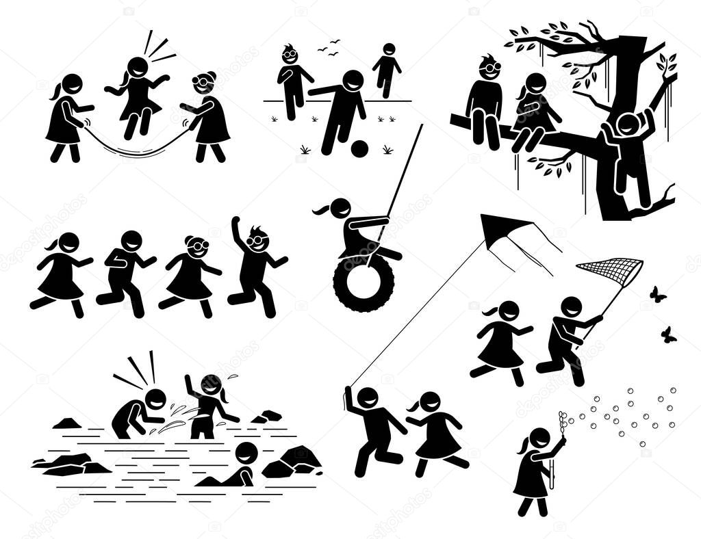 Healthy lifestyle of active children playing outside stick figures icons. Vector illustrations of kids climbing tree, running, catching butterfly, splashing water, playing kite, football, and bubbles.