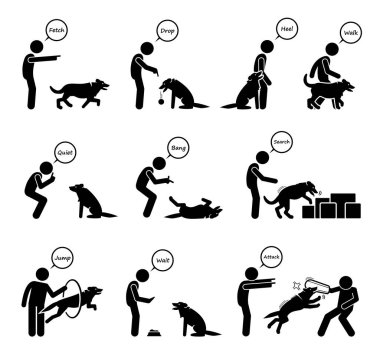 Gelişmiş köpek komutları ve davranış eğitimi ikonları. İtaatkar bir öğrenme sürecinde köpeğe el işaretleri veren birinin vektör çizimleri. 