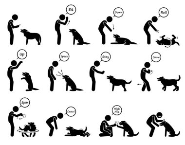 Temel köpek komutları ve davranış eğitimi ikonları. İtaatkar bir öğrenme sürecinde köpeğe el işaretleri veren birinin vektör çizimleri. 