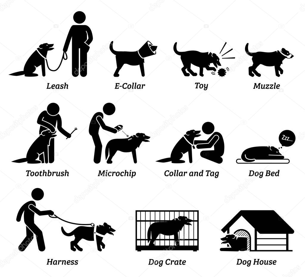 Dog product equipment and tools icons set. Vector illustrations and pictogram of dog leash, collar, toy, muzzle, toothbrush, microchip scanner, bed, harness, crate, and house.