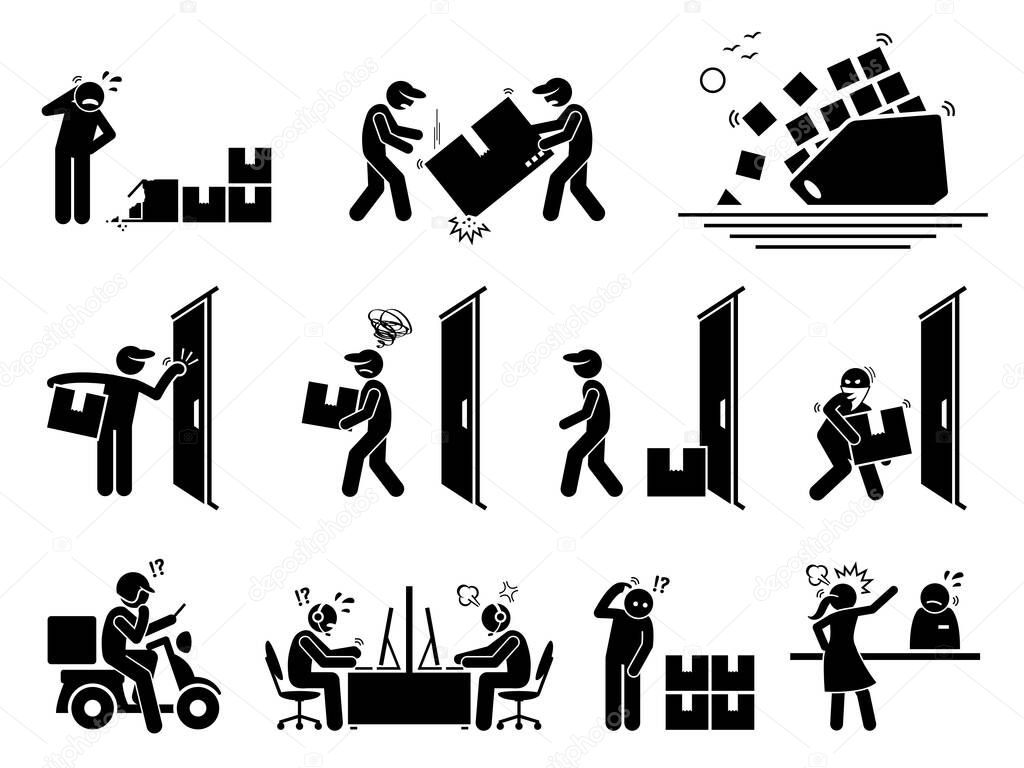 Logistic and shipping problem icons set. Vector illustrations of courier service and shipment issues due to broken parcel, thief, lost package, fail support, and customer complain.