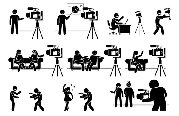 Influenceurs Médias Sociaux Internet Vidéo Créateur Contenu Bâton Figure Pictogramme — Image vectorielle