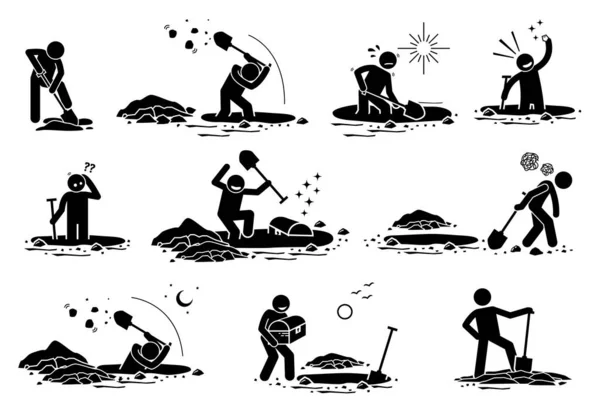 Stick Figure Man Digging Hole Vector Illustrations Stickman Dig Hole — Stock Vector