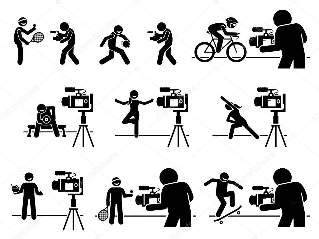 Social media sports, diet, and fitness influencers Internet video content creator pictogram. Vector illustrations of man and woman creating video by teaching sports, gym workout, and healthy eating.