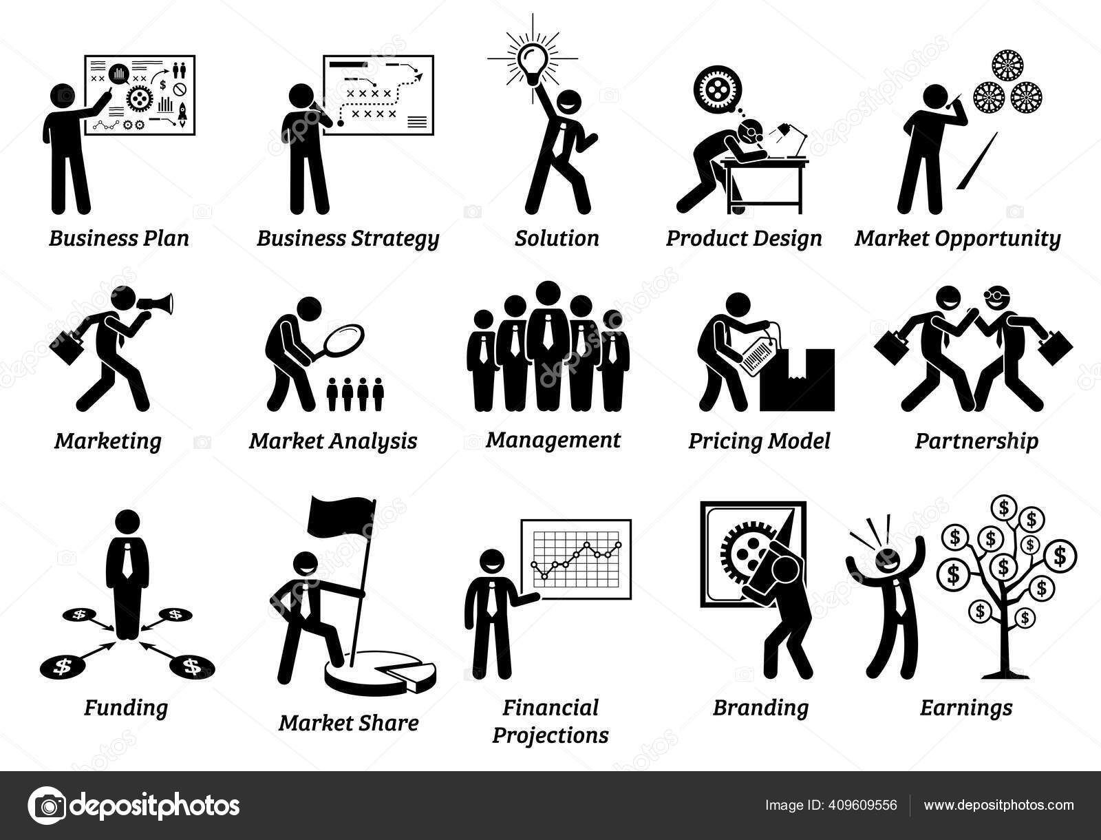 ビジネスプランの棒図アイコンを設定します パートナー 資金調達 財務予測 収益を含む事業計画のベクトルイラストの概念 ストックベクター ©leremy  409609556, image size:1600x1220
