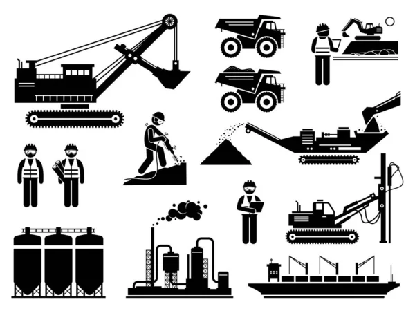 Trabalhadores Pedreiras Mineração Conjuntos Ícones Máquinas Pesadas Ilustrações Vetoriais Engenheiros —  Vetores de Stock