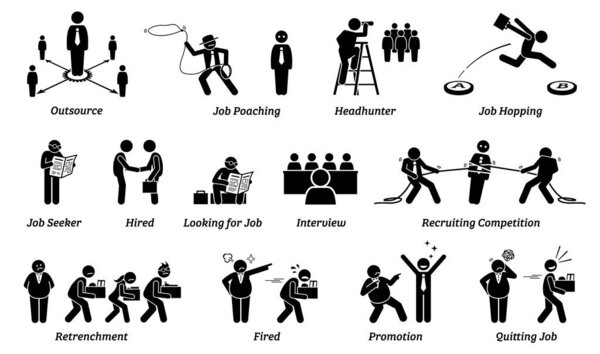 Job career and employment icons set. Vector illustrations concept of people looking for job, recruiters searching for talent, and employer with employee stick figures. 
