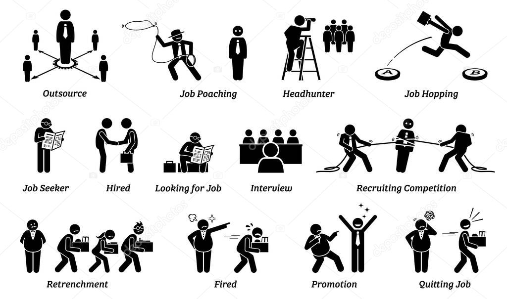 Job career and employment icons set. Vector illustrations concept of people looking for job, recruiters searching for talent, and employer with employee stick figures. 