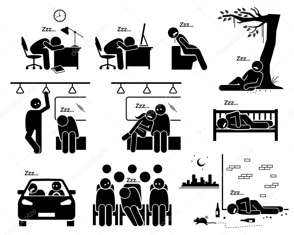 People sleeping at different places stick figure pictogram icons. Vector illustrations of a person falling asleep and taking a nap. 