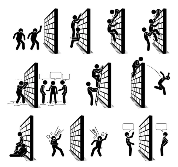 People Wall Stick Figures Pictogram Icons Vector Illustration People Climbing — Stock Vector