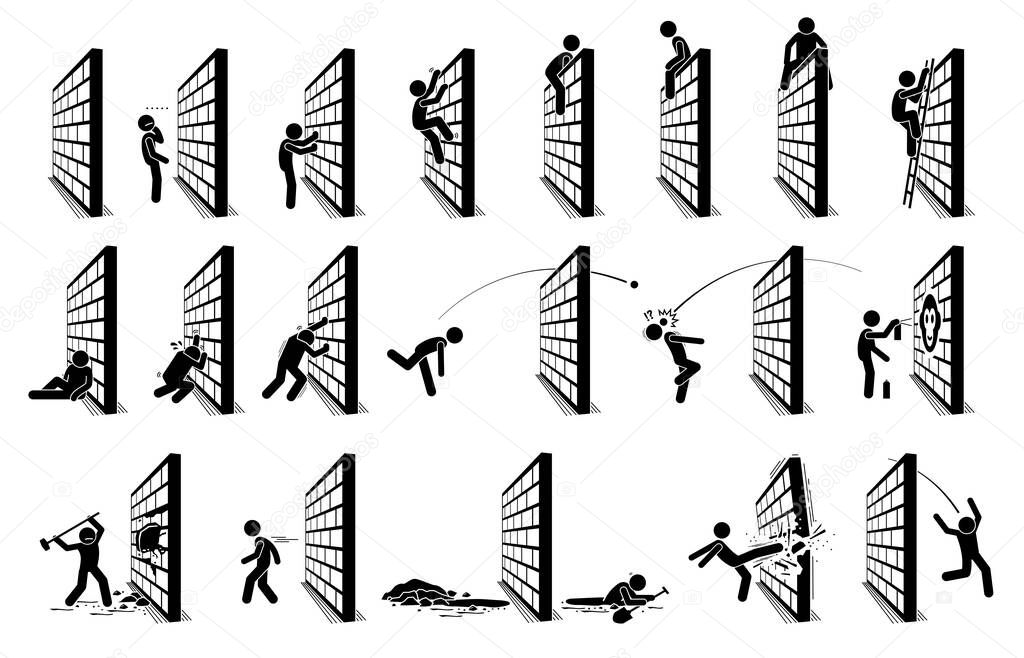 Man with a wall stick figure pictogram icons. Vector illustration concept of challenge, road block, and hurdle.