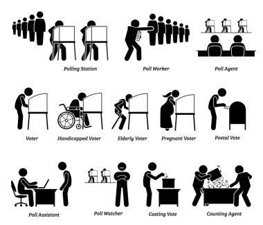 Voters voting at polling station place during presidential election signs and symbols. Vector illustration of people casting their votes and workers working at federal election day.  clipart