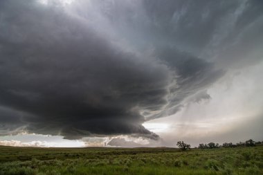 Sagebrush alanları üzerinde bir supercell fırtına altında bir duvar bulut formları.