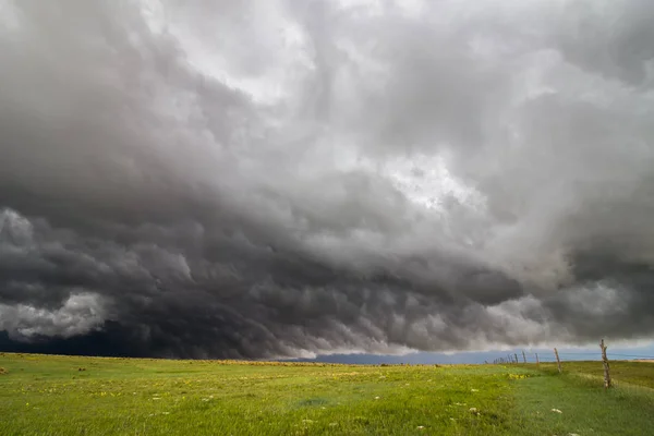 Turbulente Donkere Storm Wolken Rollen Een Veld Van Groen Gras — Stockfoto