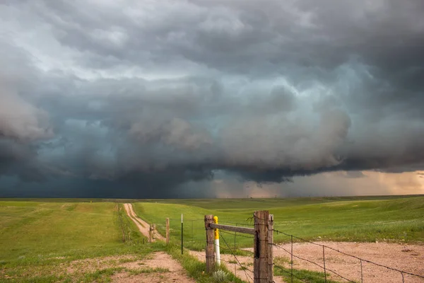 Dark Storm Looms Horizon End Dirt Road Countryside — Stock Photo, Image
