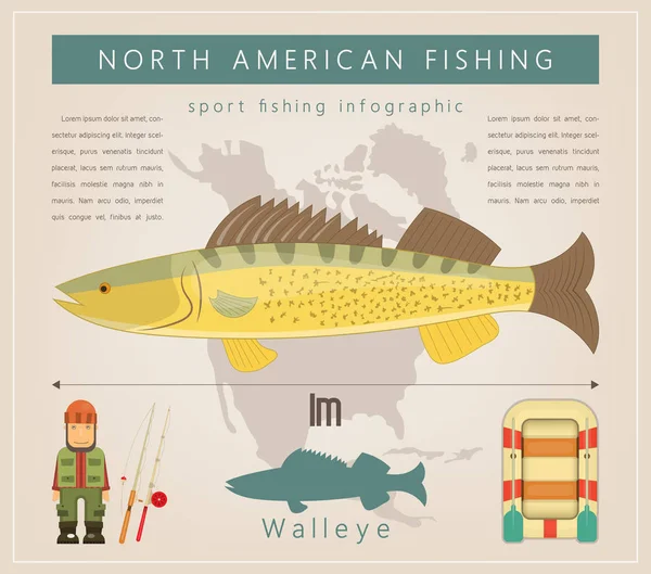 Walleye Σετ Infographic Βόρειας Αμερικής Αλιείας Ψάρια Του Γλυκού Νερού — Διανυσματικό Αρχείο