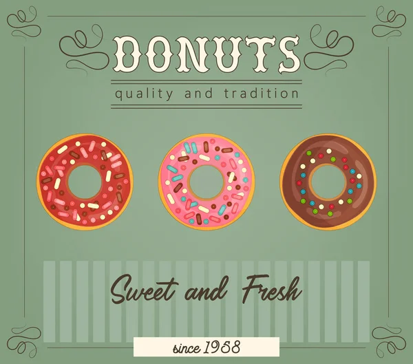 Donuts Poster Template Advertising Bakery Pastry Shop Vector Illustration — Stock Vector