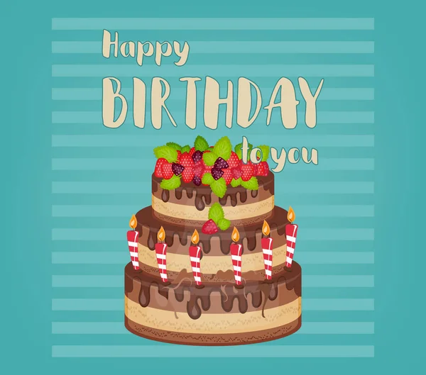 Happy Birthday Cake Card Świeże Jagody Czekolady Świece Ilustracja Wektorowa — Wektor stockowy