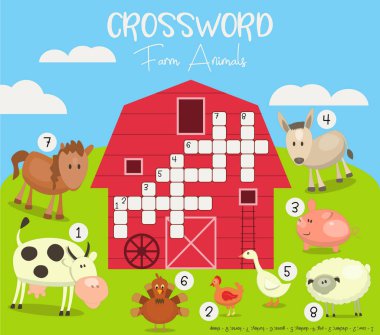 Çocuklar İngilizce renkli bulmaca. Şirin çiftlik hayvanları ile dergi kitap Puzzle oyunu. Vektör çizim
