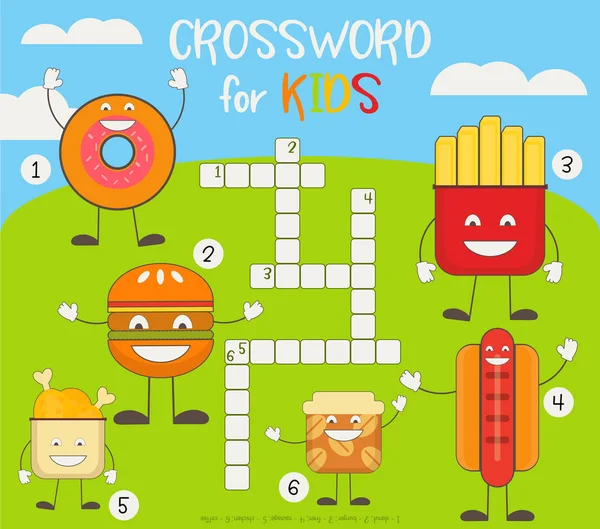 Kids Colorful Crossword Inglês Magazine Book Puzzle Game Com Personagens — Vetor de Stock