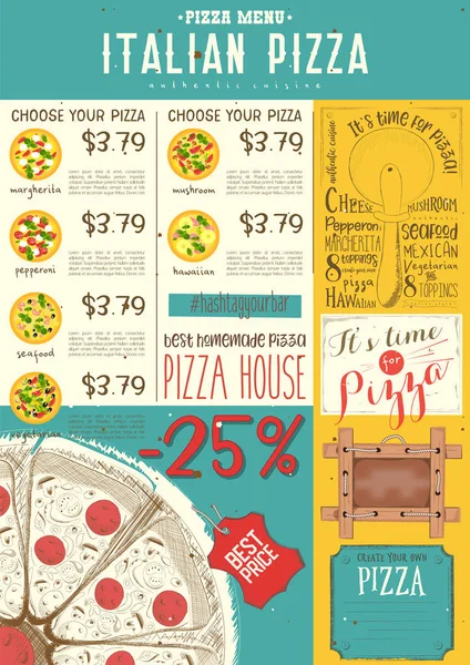 Italienische Pizza Menü Vorlage Vertikales Format Vektorillustration — Stockvektor