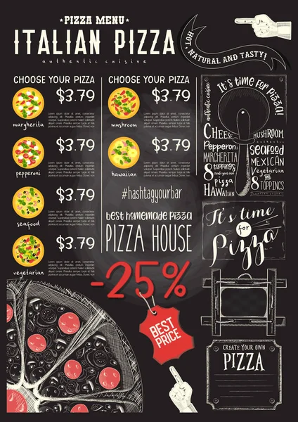 Italian Pizza Menu Template Chalkboard Vertical Format Vector Illustration — Stock Vector