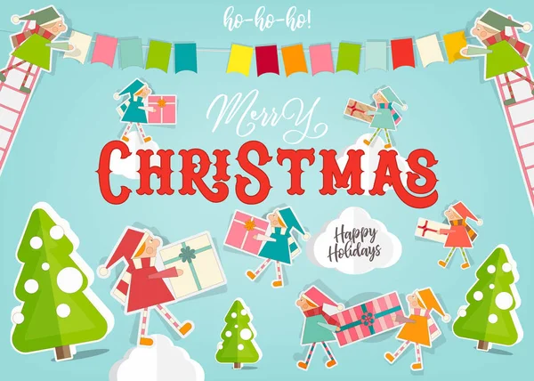 Veselé Vánoční Pozdrav Card Legrační Trpaslíky Asistenti Santa Claus Dárky — Stockový vektor