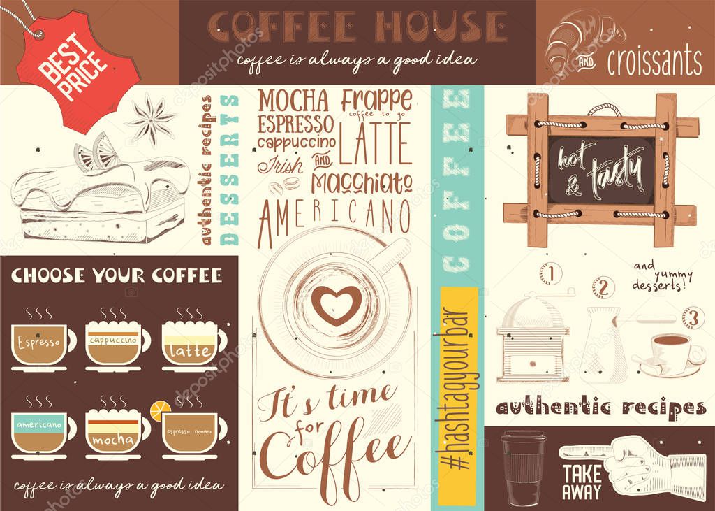 Coffee Menu Placemat Design. Colorful Template for Coffee Shop, Coffee House and Cafe. Retro Style Napkin with Infographic. Vector Illustration.