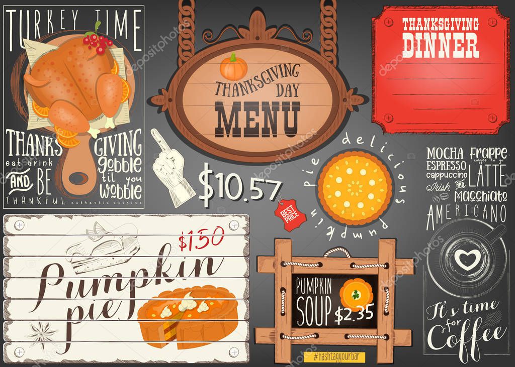 Thanksgiving Day Menu. Placemat Design on Blackboard. Vector Illustration.