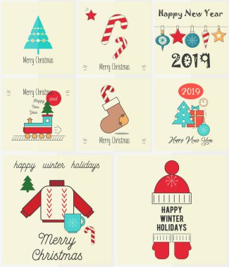 Noel kartları - Xmas öğeler ve simgeler tebrik kartları Retro Kağıt arka plan üzerinde ayarlayın. Vektör çizim.