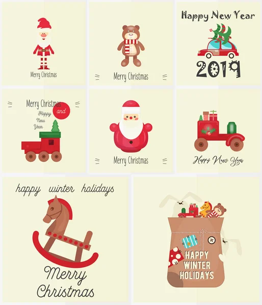 Christmas Cards Set Xmas Characters Greeting Cards Retro Paper Background — Stock Vector