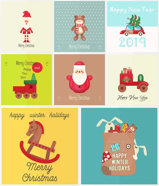Christmas Cards Set Xmas Characters Cards Retro Style Vector Illustration — Stock Vector
