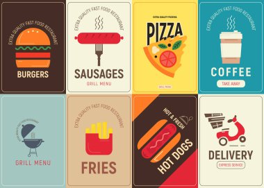 Fast Food posterler ayarlayın. Düz tasarım. Retro Amerikan tarzı. Reklam hamburger, sosisli sandviç, Pizza, ızgara gıda, teslim ve patates kızartması. Kahve almak tasarlamak. Vektör çizim.
