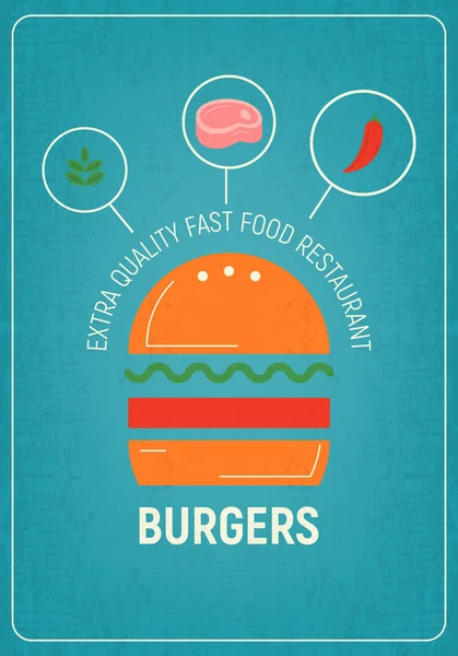 Plakat Retro Burger Stylu Vintage Hamburger Amerykański Płaski Niebieskim Tle — Wektor stockowy