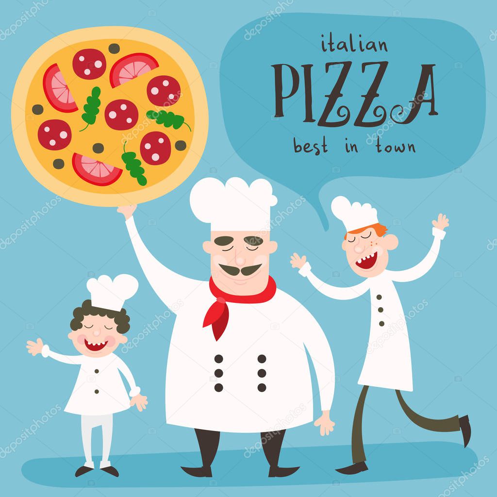Chefs in Restaurant Kitchen Cooking. Cute Cooks in Uniform. Cartoon Chef Holding Big Pizza. Funny Kids Menu. Vector Illustration.