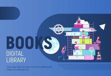 Modern düz tasarım dijital kütüphane reklam kitaplar - kitap ve büyük kitap okuma küçük karakter yukarı mavi arka plan üzerinde Kazıklı. Vektör çizim.