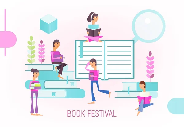 Book Festival Poster Personagens Pequenos Desenhos Animados Pessoas Com Livros — Vetor de Stock