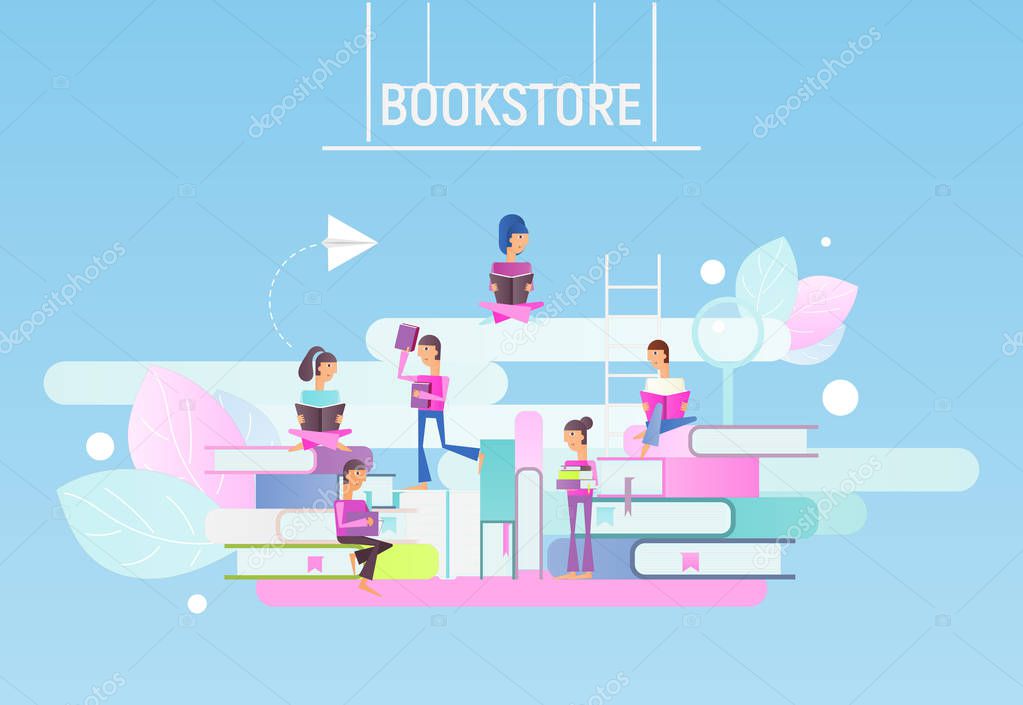 Modern Flat Design Concept for Bookstore Advertising. Small Characters Cartoon People Reading and Sitting on Big Books. Vector Illustration for Literature Event.