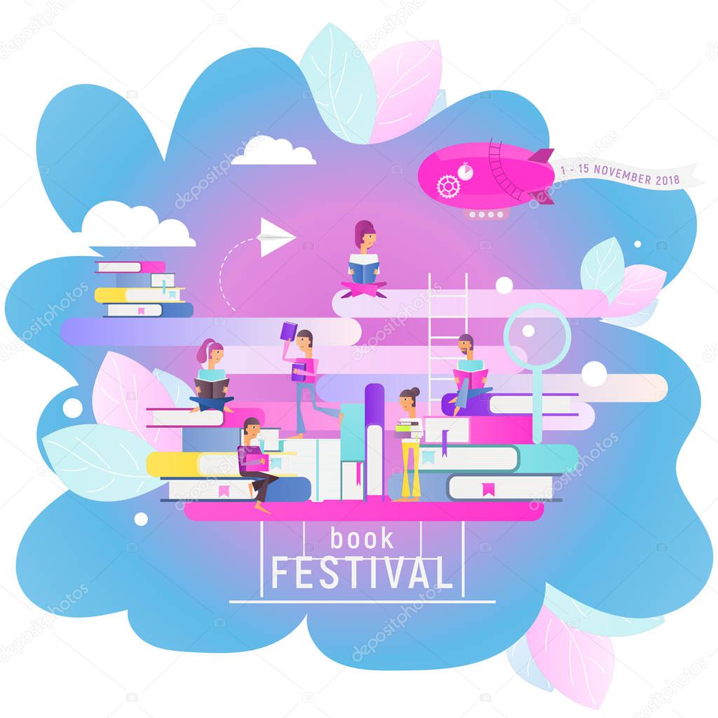 Modern Flat Design Concept for Book Festival, Fair, Reading Challenge. Small Characters Cartoon People Reading and Sitting on Big Books. Vector Illustration for Literature Event. Square Format.