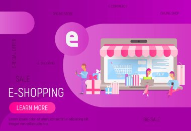 Modern düz tasarım konsepti E-ticaret online - genç erkek ve kadınlar Büyük Laptop önünde hareket eden alışveriş yapmak. Web sayfası, sosyal medya ve açılış sayfası için vektör çizim.
