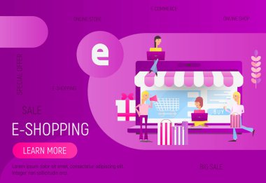 Modern düz tasarım konsepti E-ticaret online - genç erkek ve kadınlar Büyük Laptop önünde hareket eden alışveriş yapmak. Vektör çizim.