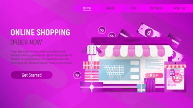 Alışveriş online açılış sayfası. E-ticaret kavramı. Alışveriş kutular ve Çantalar büyük Laptop yakınındaki. Menekşe gradyan arka planı. Vektör çizim mobil uygulamaları ve Web sitesi tasarımı için.